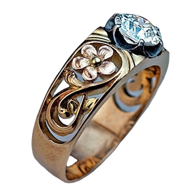 Vintage Flower Inlaid White Diamond Temperament Ring